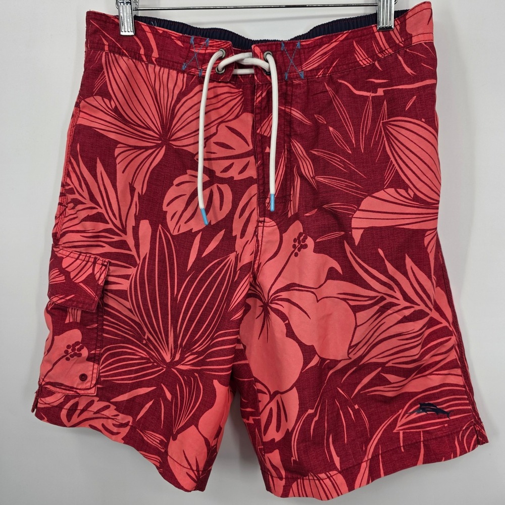 Tommy Bahama Tropical‎ Floral Swim Trunks Mens Medium Red 9" Inseam Cargo Pocket